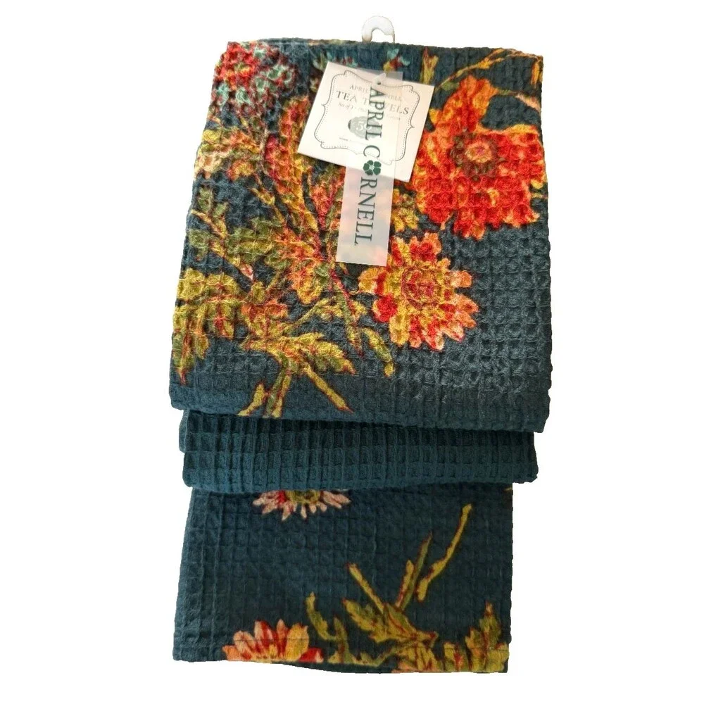 April Cornell Kitchen Set of 3 Dish Towels Dark Blue Wildflowers Waffle Weave
